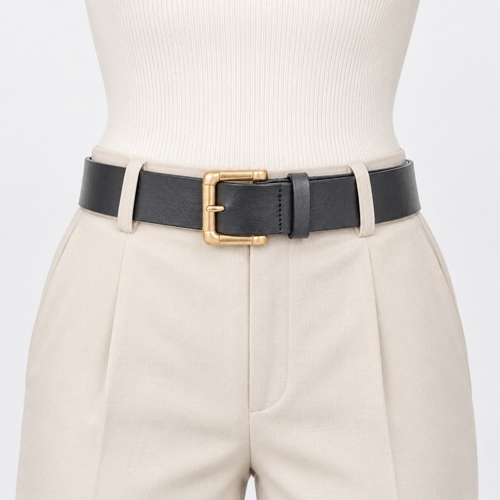 Zara Waist Belt Size M Black Minimalist Gold Buckle Faux Leather Vegan Modern